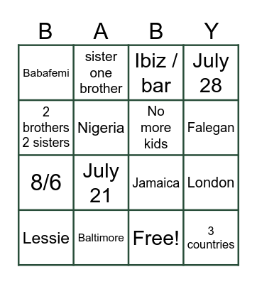 Baby Shower BINGO Card
