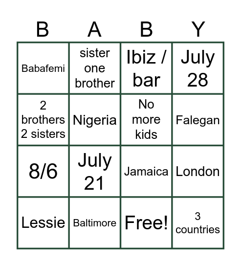 Baby Shower BINGO Card