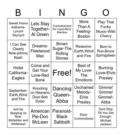 1970's Bingo Card