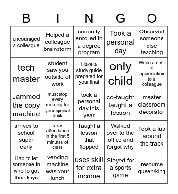 New Year Teacher Bingo Card