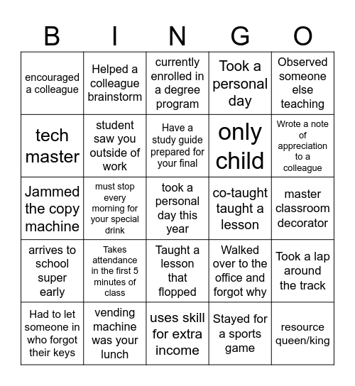 New Year Teacher Bingo Card