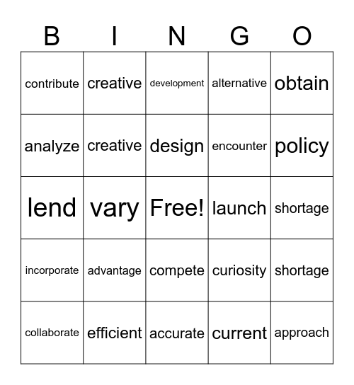 Unit 2 Bingo Card
