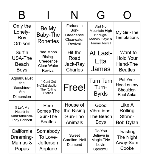 1960's Bingo Card