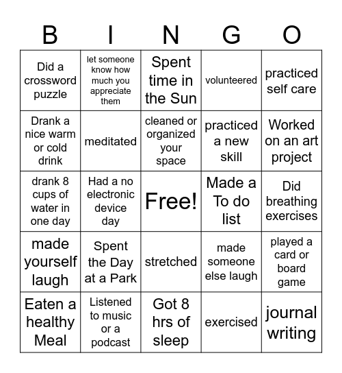 CMHA wellness Bingo Card
