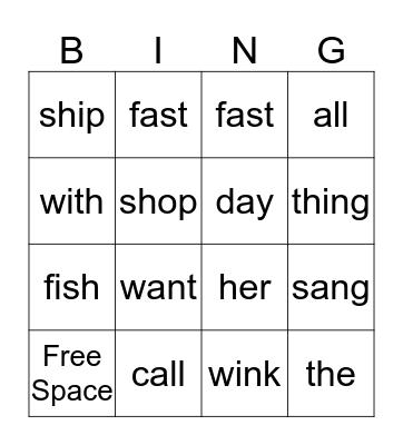 Spelling Word Bingo Card