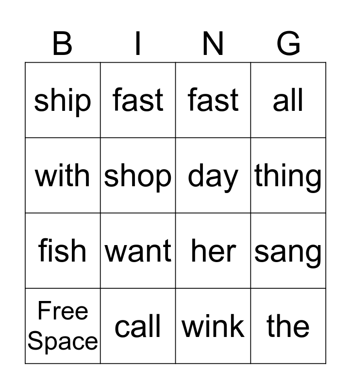 Spelling Word Bingo Card