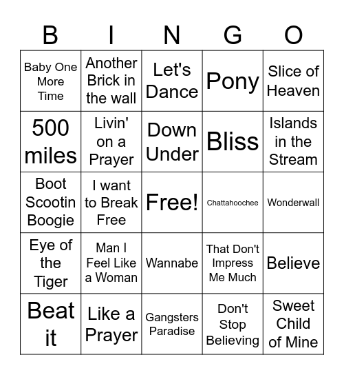 WaiBop Musical Bingo 80s - 90s Bingo Card