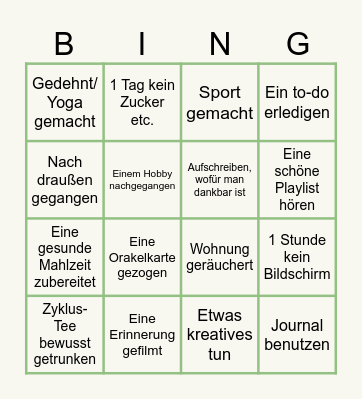 Wochen Selfcare Bingo Card