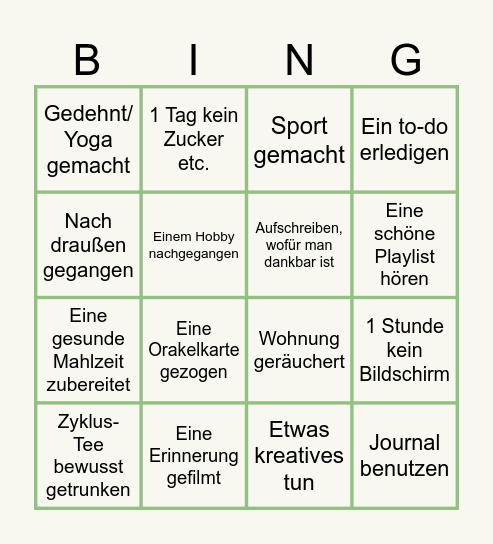 Wochen Selfcare Bingo Card