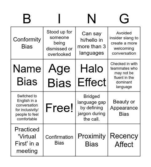 DE&I Bingo Card