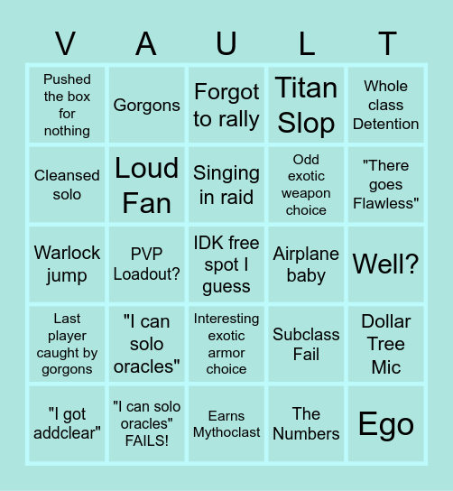 Aetheons Bingo Of Fate ( Vault Of Bingo / Bingo Of Glass ) Bingo Card