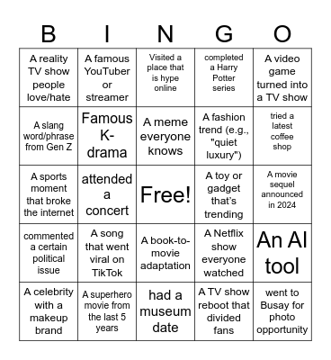 Pop Culture Bingo Card