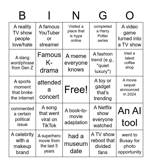 Pop Culture Bingo Card