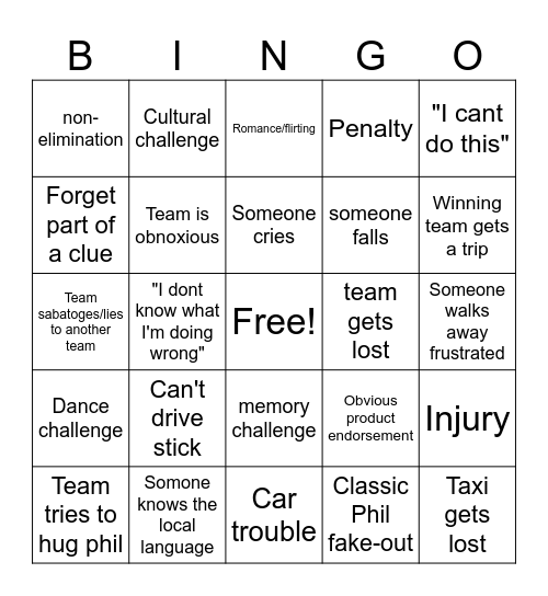 Ultimate Amazing Race Bingo Card