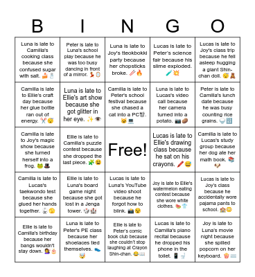 Peter is late to Ellie’s quiz competition because he was stuck on level 99 of a game. 🎮🧠 Bingo Card