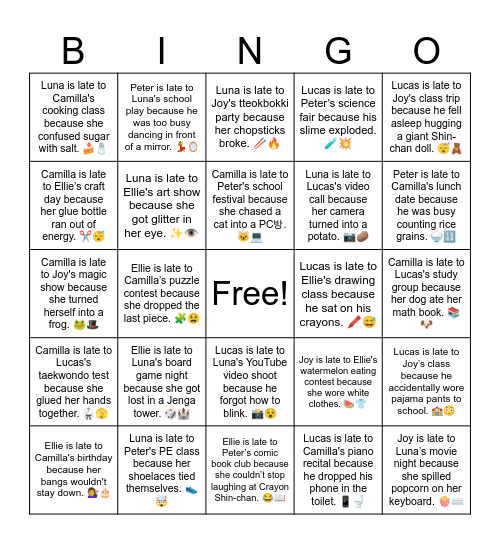 Peter is late to Ellie’s quiz competition because he was stuck on level 99 of a game. 🎮🧠 Bingo Card