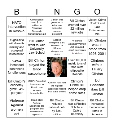 Bill Clinton Facts and Fun Facts Bingo Card