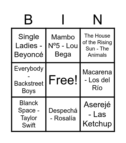 Musical Bingo Card
