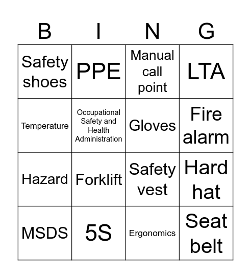 Safety Cornerstone Bingo Card