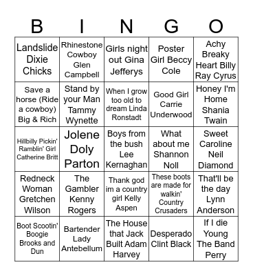 Thank God I'm a Country Girl Bingo Card