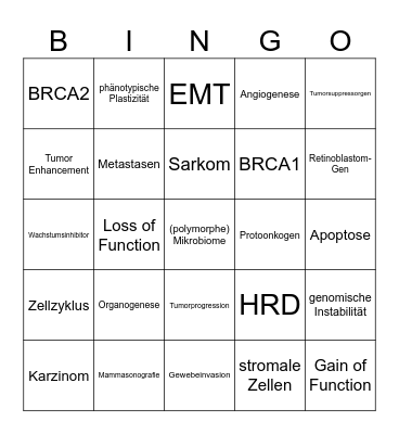 Tumor Bingo Card