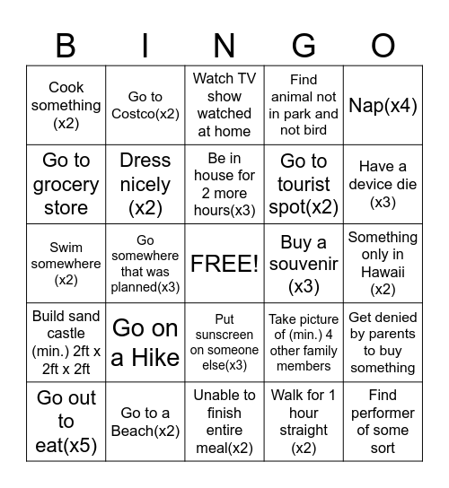 Hawai Trip Bingo(Activities) Bingo Card