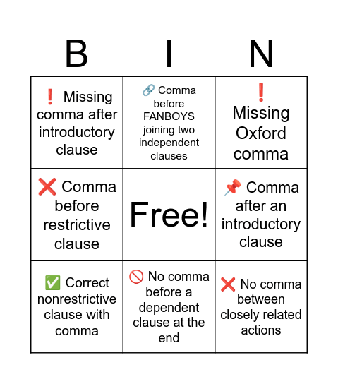 Comma Bingo Card