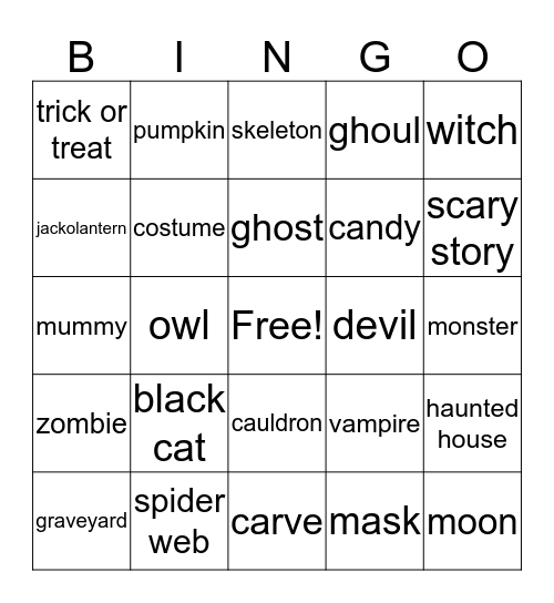 Halloween Words Bingo Card