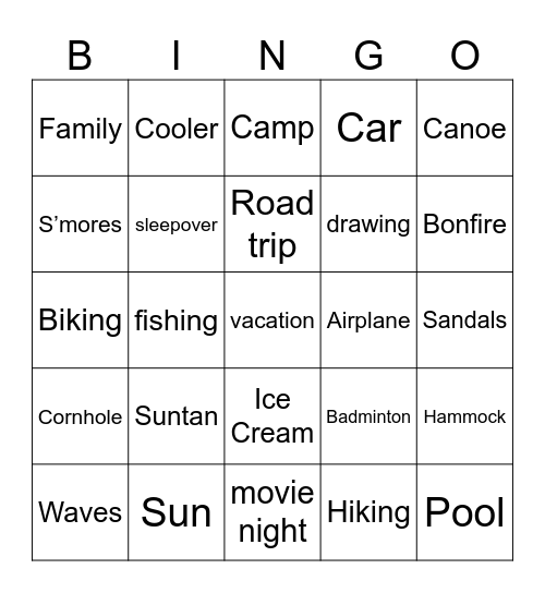 Summer Vacation Bingo Card