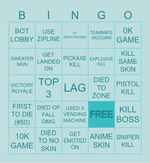 Fortnite Bingo Card