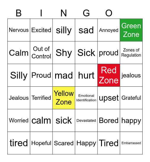 Zones of Regulation Bingo Card