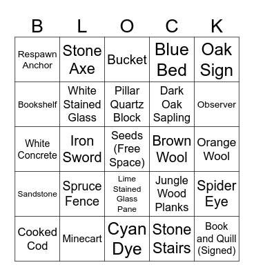 Minecraft Random Items Bingo Card
