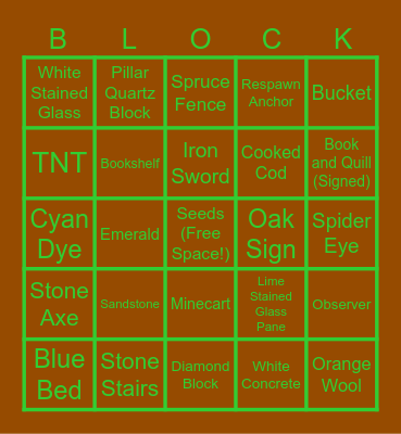 Minecraft Item Bingo Card
