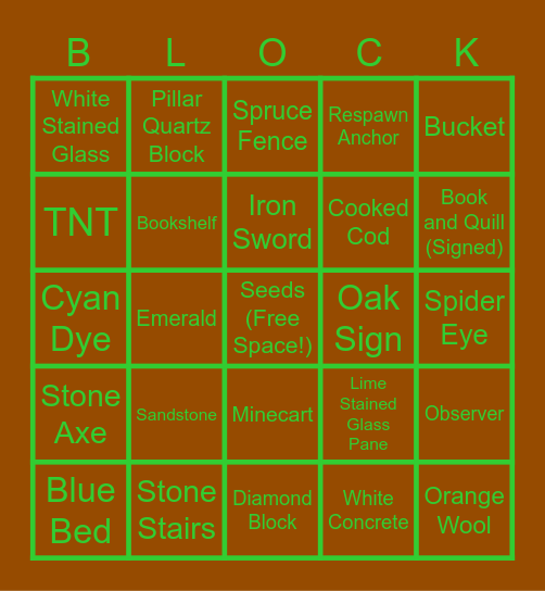 Minecraft Item Bingo Card