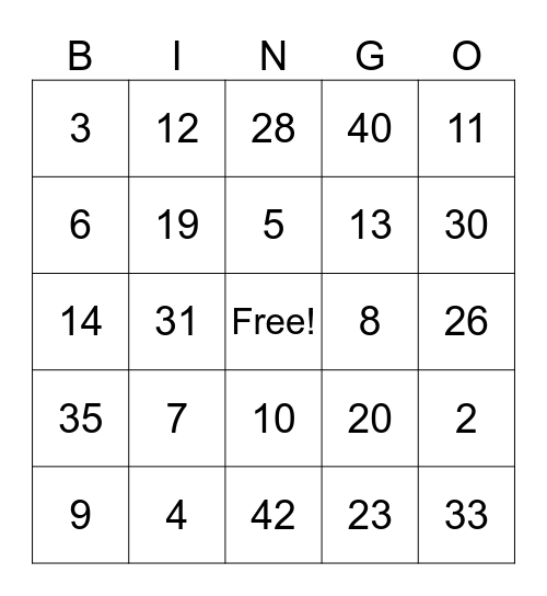 Subtraction Bingo Card