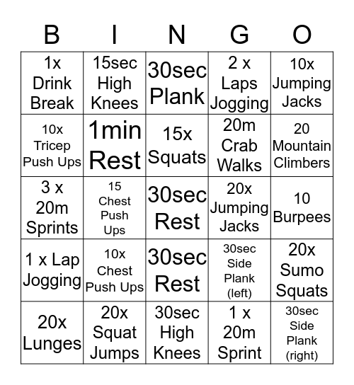Get Fit Bingo Card