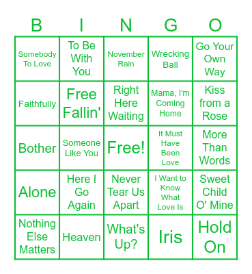 Sing It! Power Ballads Bingo Card