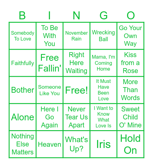 Sing It! Power Ballads Bingo Card