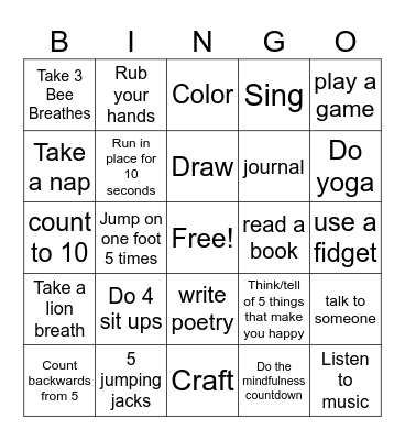 Coping Skills Bingo Card