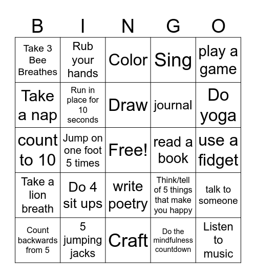 Coping Skills Bingo Card