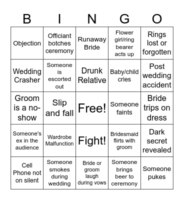 Disaster Wedding Bingo Card