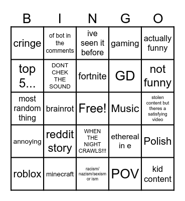 my shorts Bingo Card