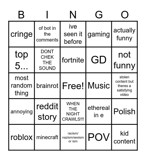 my shorts Bingo Card