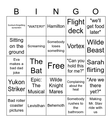 Canada's Wonderland bingo Card