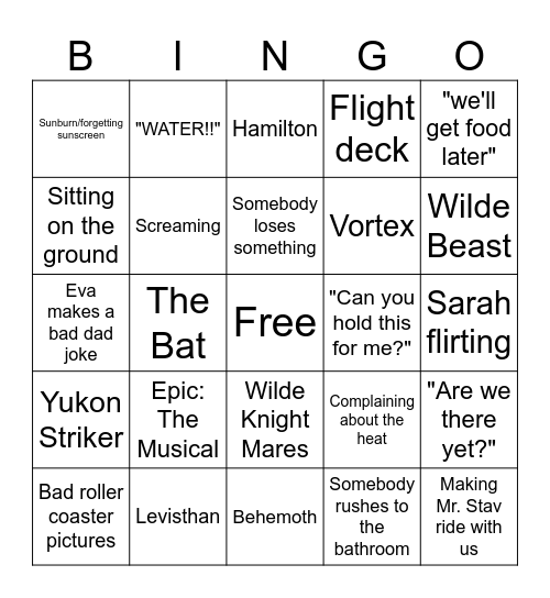 Canada's Wonderland bingo Card