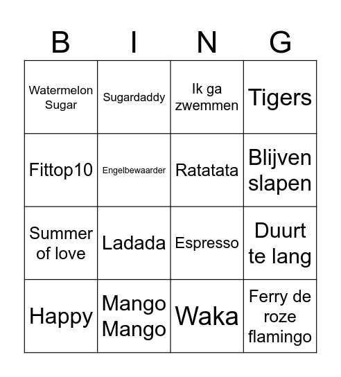 Tropical Fuif Bingo Card