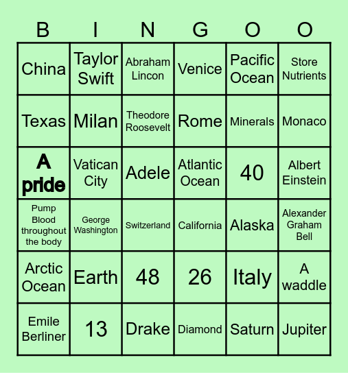Guess and Learn ! Bingo Card