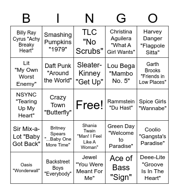 90s Music Bingo Card