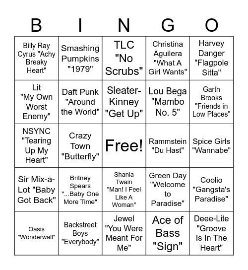90s Music Bingo Card