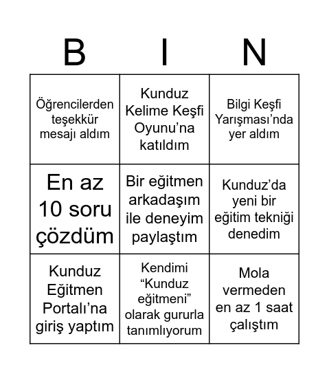 Kunduz Eğitmen Bingo Card